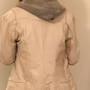 Cream leather hoodie jacket.